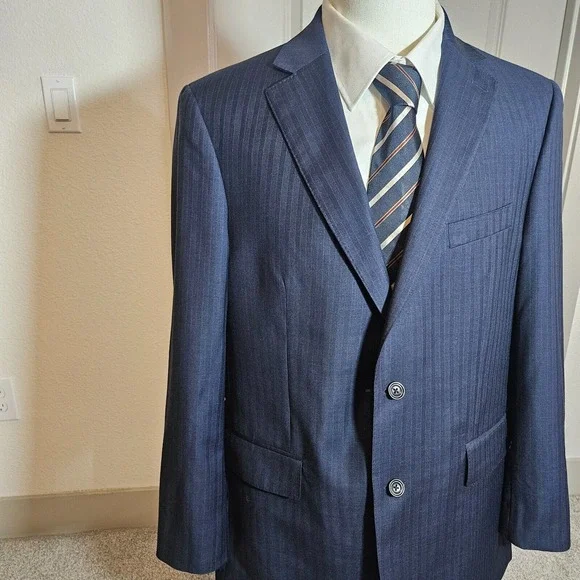 Charles Tyrwhitt 44R Slim‎ Fit Wool Suit Blazer Men Super 100's Navy Pinstriped